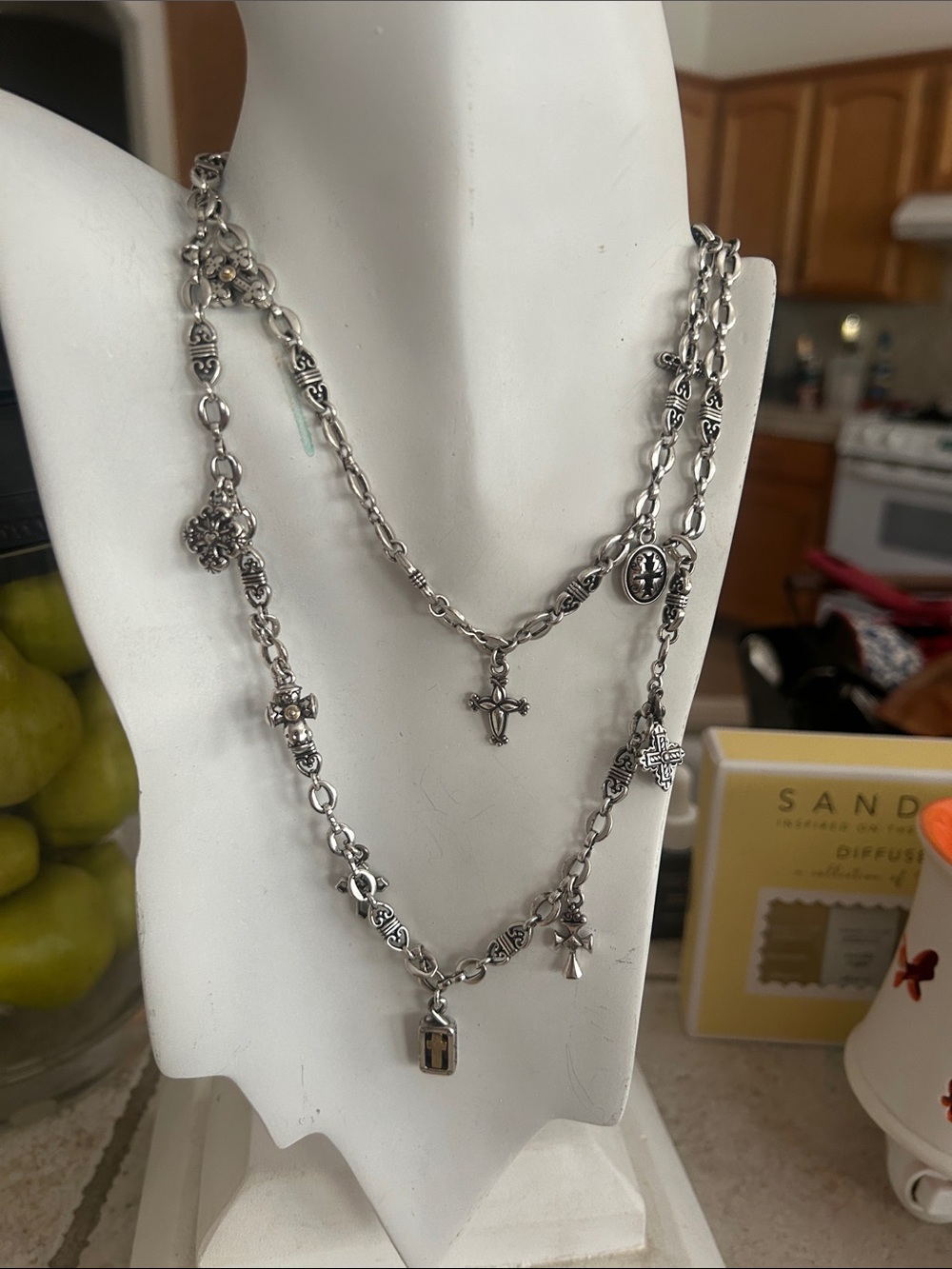 Silver-Tone Multi-Charm Religious Layered Necklace - Silver Cross & Medallion